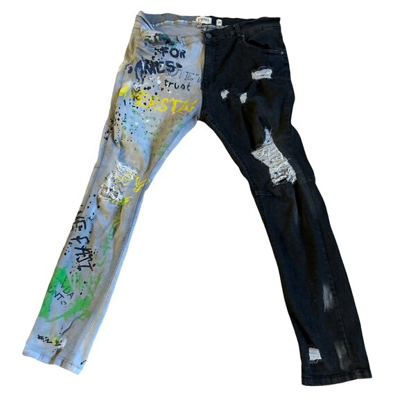 FWRD DENIM MENS GRAFFITI ART WORK STYLE SPLIT LEG GREY JEANS SIZE 38 WAIST - Picture 1 of 2